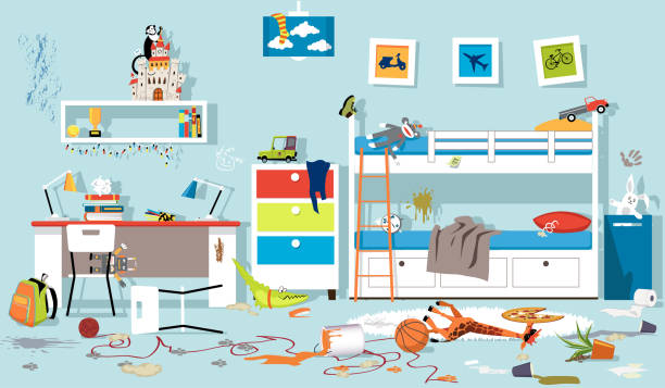 ilustrações, clipart, desenhos animados e ícones de quarto desarrumado infantil - mayhem