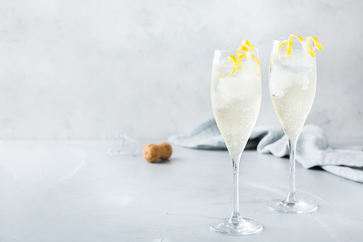 Food and drink, party holiday concept. Alcohol beverage cold cool champagne cocktail drink on a modern table for summer days. Copy space background