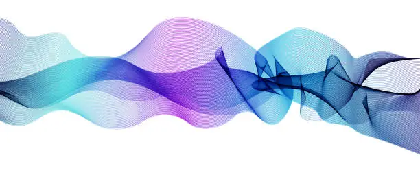 Vector illustration of Vector wave pattern blue, purple, turquoise. Waving ribbon flowing, white background. Line art wiggly design element, modern horizontal waveform. Abstract vibrant shiny waves. EPS10 illustration