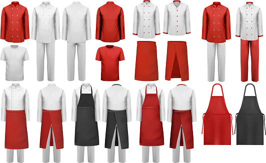 Big collection of culinary clothing, white and red suits and aprons. Vector.