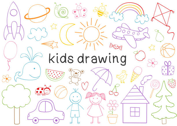 набор изолированных детей рисунок - rainbow umbrella descriptive color multi colored stock illustrations