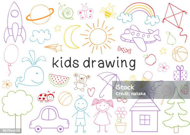 Set Of Isolated Kids Drawing Stock Illustration - Download Image Now - Child, Drawing - Activity, Drawing - Art Product