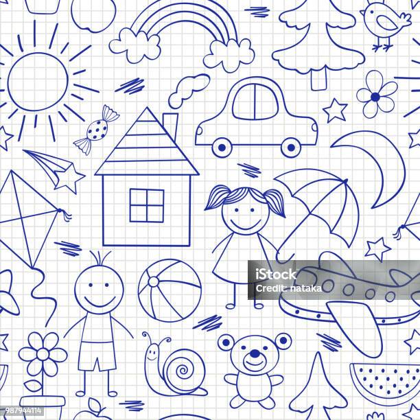 Seamless Pattern With Kids Drawings In Blue Color Stock Illustration - Download Image Now - Child, Doodle, Car