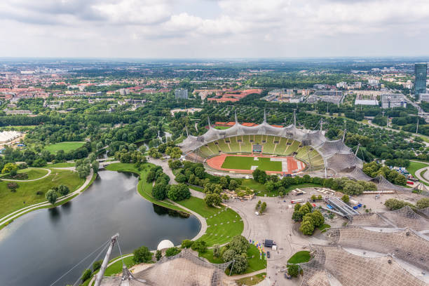 Munich, Germany - June 09, 2018: The Olympic Park Munich and Olympic stadium viewed from the Olympic Tower in Bavaria, Germany.