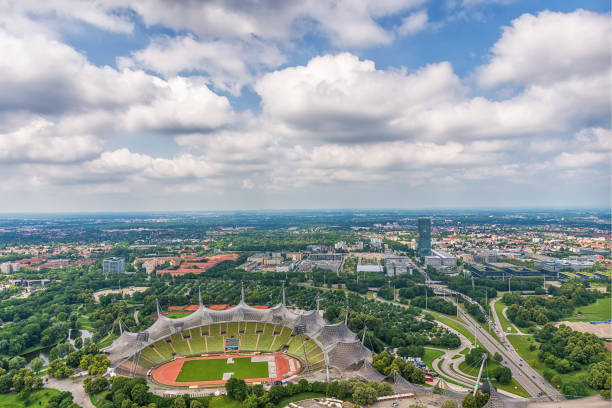 Munich, Germany - June 09, 2018: The Olympic Park Munich and Olympic stadium viewed from the Olympic Tower in Bavaria, Germany.