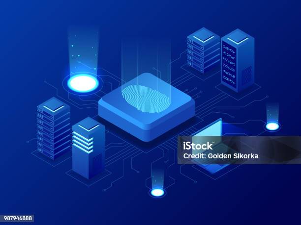 Isometric Biometrics Blockchain Technology And Finger Print Scanning Identification System Biometric Authorization And Business Security Concept - Arte vetorial de stock e mais imagens de Blockchain