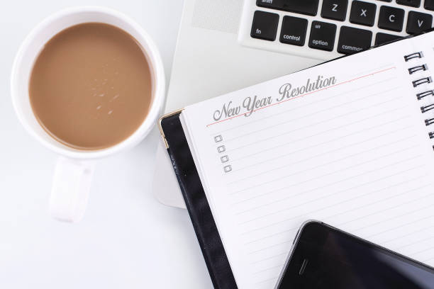 istock New Year Resolution  word and computer, smart phone, coffee cup. Top view with copy space 987970502