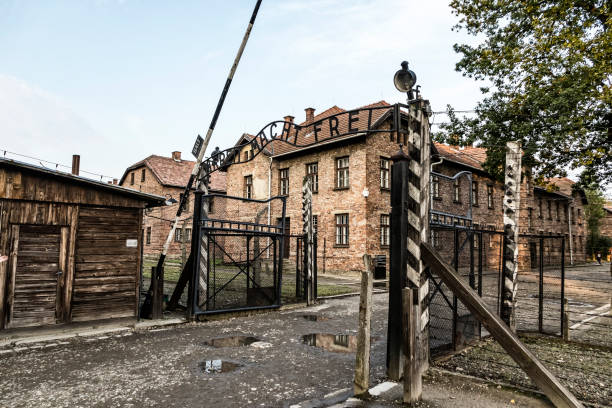 Arbeit macht frei sign in Auschwitz I concentration camp, Oswiecim, Poland AUSCHWITZ, POLAND - AUGUST 27, 2017. Arbeit macht frei sign on the main entrance gateway to Auschwitz-Birkenau (Auschwitz I) concentration camp near Oswiecim city, Poland ethnic cleansing stock pictures, royalty-free photos & images