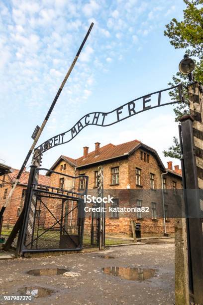 Arbeit Macht Frei Sign In Auschwitz I Concentration Camp Oswiecim Poland Stock Photo - Download Image Now