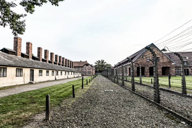 Auschwitz I, former Nazi concentration camp in Oswiecim, Poland AUSCHWITZ, POLAND - AUGUST 27, 2017: Barracks and barbed wire in the Auschwitz I (Auschwitz-Birkenau), former Nazi concentration camp near Oswiecim city, Poland ethnic cleansing stock pictures, royalty-free photos & images