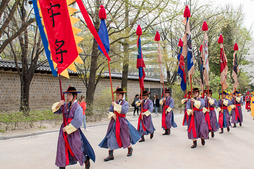 Soldiers of the Royal Guard at the change of the guard ceremony in Deoksugung Palace in Seoul, South Korea
