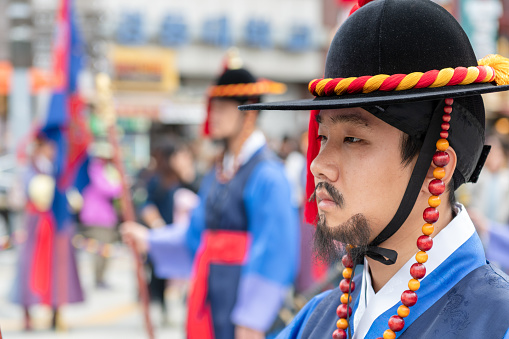 Soldier of the Royal Guard at the change of the guard ceremony in Deoksugung Palace in Seoul, South Korea
