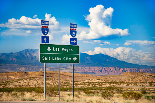 Road sign pointing to Las Vegas and Salt Lake City