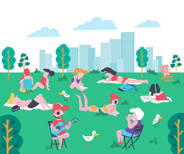 people sunbathing at the park Cartoon flat style people at the park in summer, sunbathing, chitchatting, reading book, playing phone, and playing guitar on the green yard with high buildings in city, illustration, vector old ladies gossiping stock illustrations