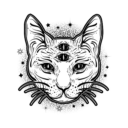 Vintage boho illustration with four eyed magic cat. Tattoo art style.