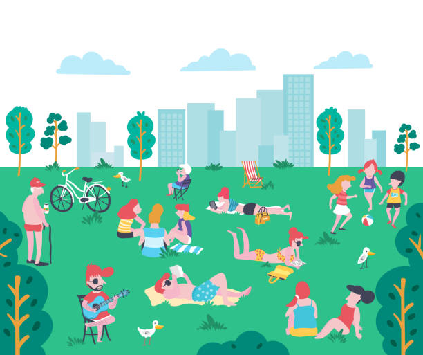 people sunbathing at the park Cartoon flat style people at the park in summer, sunbathing, chitchatting, reading book, playing phone, playing guitar and ball playing kids on the green yard with high buildings in city , illustration, vector old ladies gossiping stock illustrations