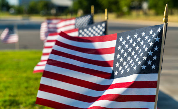 istock 4th of July American flags in a row 988039694