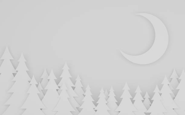 scena artistica cartacea di pino e luna su sfondo bianco, concetto minimo di foresta nella notte, rendering 3d - christmas winter non urban scene pine tree foto e immagini stock