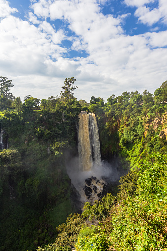 Landscape with a waterfall surrounded by greenery. Thompson Waterfall. Kenya, Africa