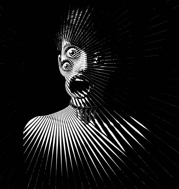 Engraving of scary woman monster with three eyes and shocked expression Engraving of female monster with three eyes and shocked expression creepy glowing eyes stock illustrations