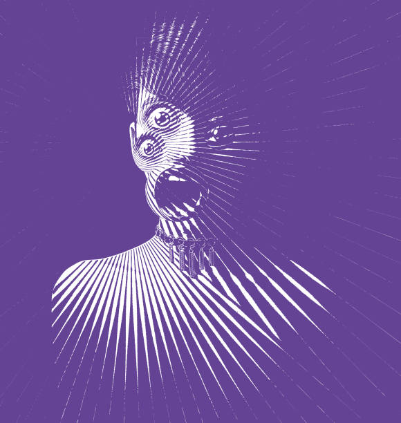 istock Engraving of scary woman monster with three eyes and shocked expression 988105126