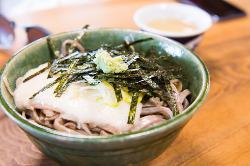 Yamakake Soba or Cold Yam Soba it is made from grated Japanese mountain yam with fresh wasabi best served in cold