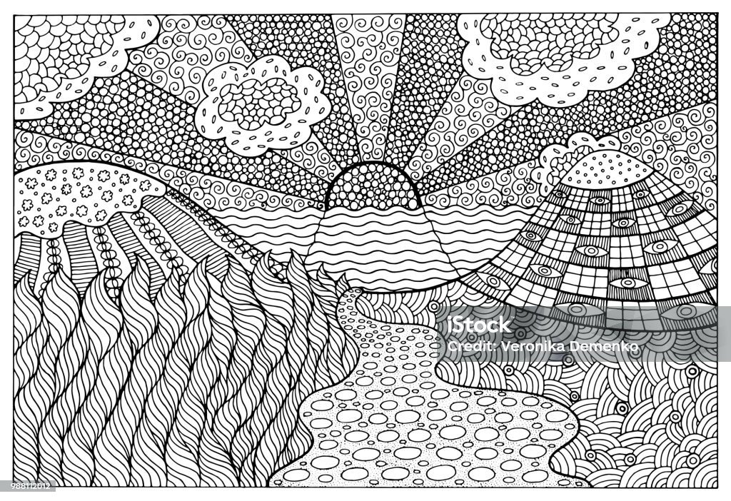 Doodle surreal landscape - coloring page for adults. Fantastic graphic artwork. Vector illustration. Coloring Book Page - Illlustration Technique stock vector