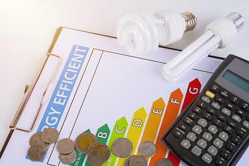 Energy efficiency concept with energy rating chart and Energy savings lamp, coin, calculator
