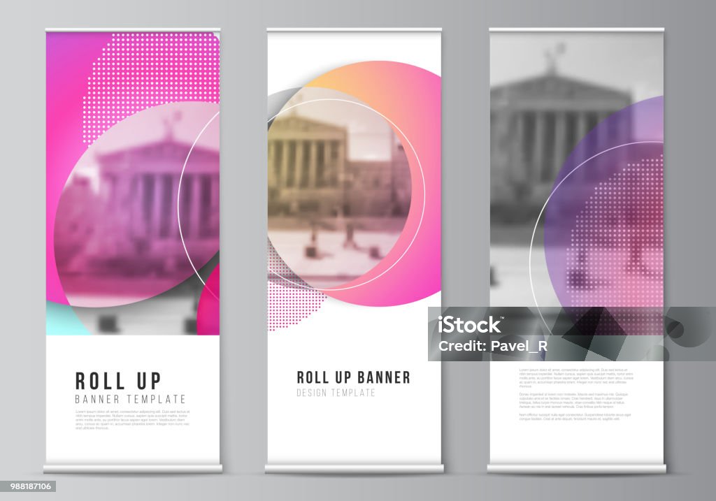 The vector illustration of the editable layout of roll up banner stands, vertical flyers, flags design business templates. Creative modern bright background with colorful circles and round shapes Template stock vector