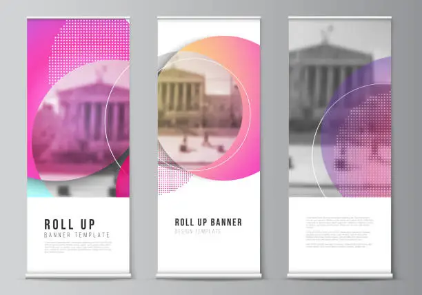 Vector illustration of The vector illustration of the editable layout of roll up banner stands, vertical flyers, flags design business templates. Creative modern bright background with colorful circles and round shapes