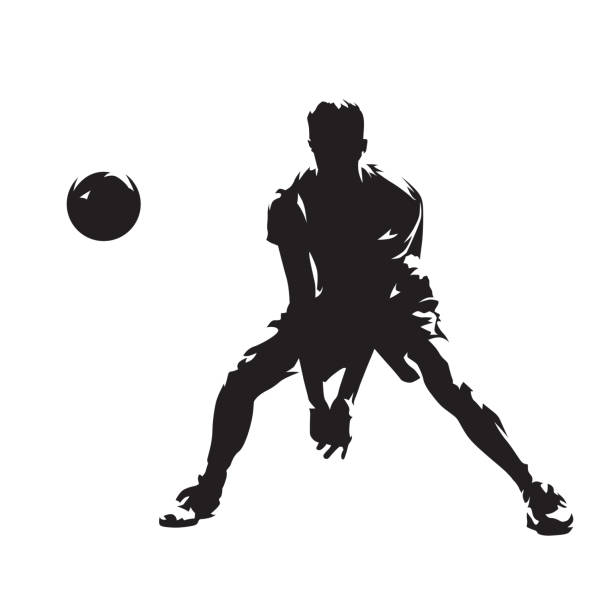 ボールを返すバレーボール選手、抽象的な孤立したベクトルシルエット。インク描画。団体競技。ビーチバレー - dirty pass点のイラスト素材／クリップアート素材／マンガ素材／アイコン素材