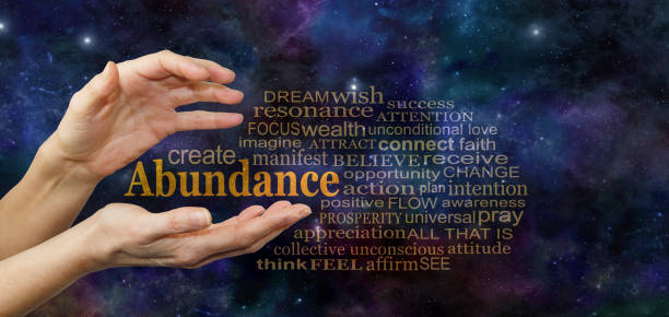 Cosmic Create Abundance Word Tag Cloud female hands with the word ABUNDANCE floating between surrounded by a relevant word cloud against a deep space blue starry night sky abundance stock pictures, royalty-free photos & images
