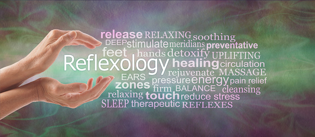 female cupped hands with the word REFLEXOLOGY floating between surrounded by a relevant word tag cloud on a rustic multi coloured background