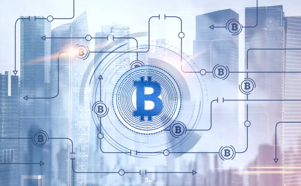 회색 도시에 bitcoin 네트워크 - crypto wodl 뉴스 사진 이미지