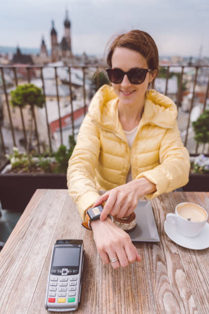 istock Woman in Krakow old town using digital wallet for smart watch payment 988201124