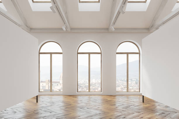istock Mock up white poster gallery attic, arched windows 988217764