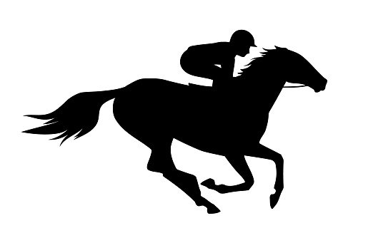 Vector illustration of  race horse with jockey. Black isolated silhouette on white background. Equestrian competition symbol.