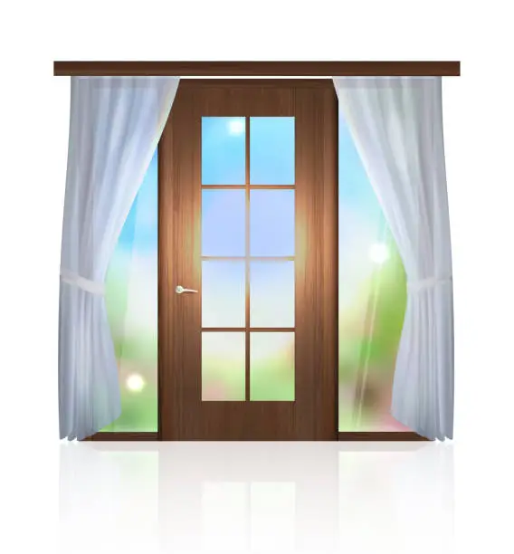 Vector illustration of door in the sky. The interior of the room. Vector graphics