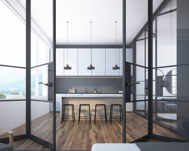 istock White and gray kitchen bar, glass doors 988228982