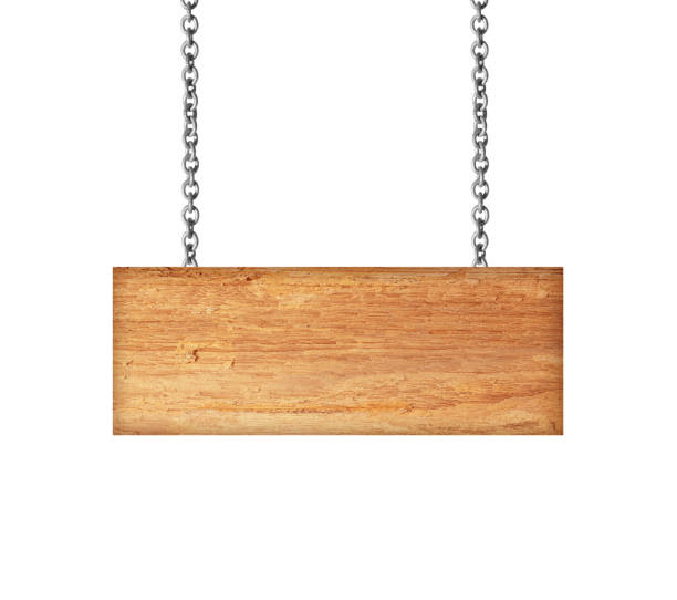 istock Wooden sign hanging on a chain isolated on white 988229448