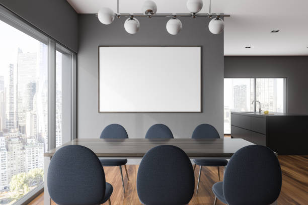 istock Gray dining room and kitchen, city view, poster 988233598