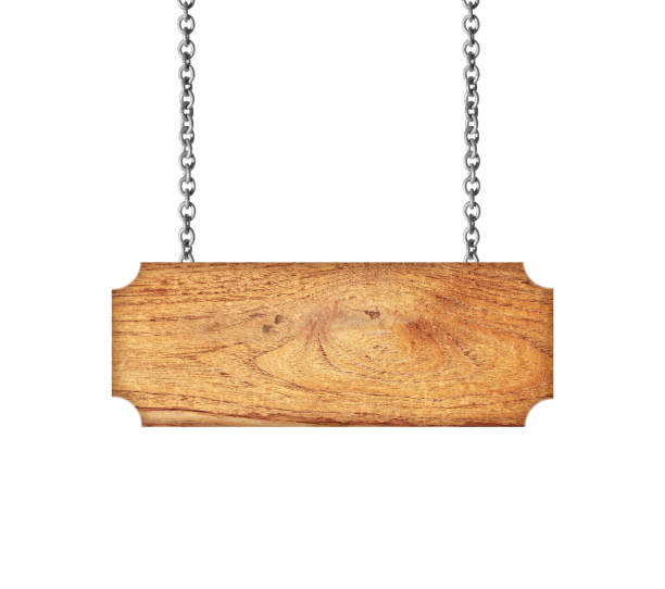 istock Wooden sign hanging on a chain isolated on white 988233642