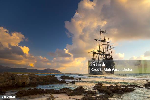 Pirate Ship At The Open Sea Stock Photo - Download Image Now - Pirate - Criminal, Ship, Old