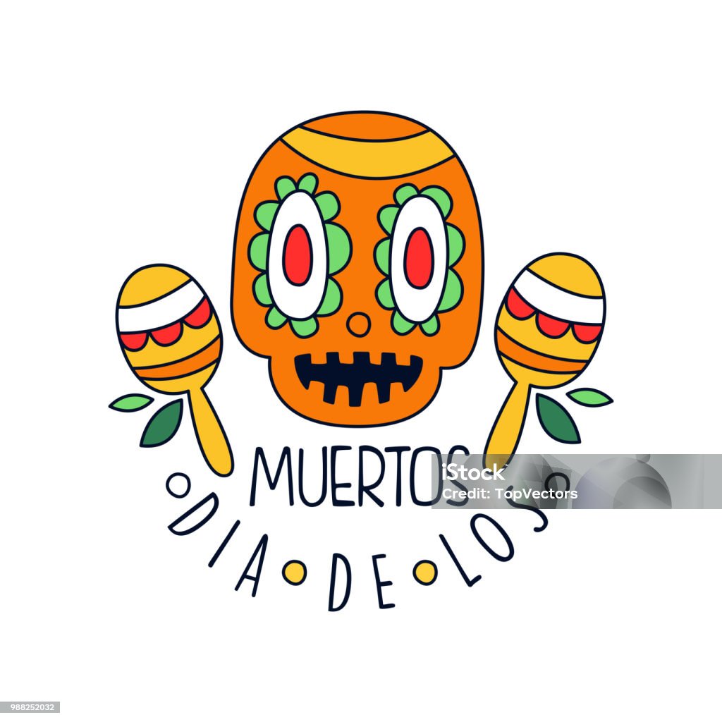 Dia De Los Muertos logo, Mexican Day of the Dead holiday design element with sugar skull and maracas, party banner, poster, greeting card or invitation hand drawn vector Illustration Dia De Los Muertos logo, Mexican Day of the Dead holiday design element with sugar skull and maracas, party banner, poster, greeting card or invitation hand drawn vector Illustration isolated on a white background. Art stock vector