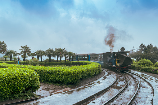 May 01,2017.The Darjeeling Himalayan Railway, also known as the Toy Train, is a 2 ft narrow gauge railway,is entering to the Batasia loop,Darjeeling, west bengal, India. after a heavy rainfall.