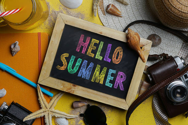 istock Colorful Hello Summer Text on Blackboard Between Summer Beach Accessories on Yellow Background - Flat Lay 988271154