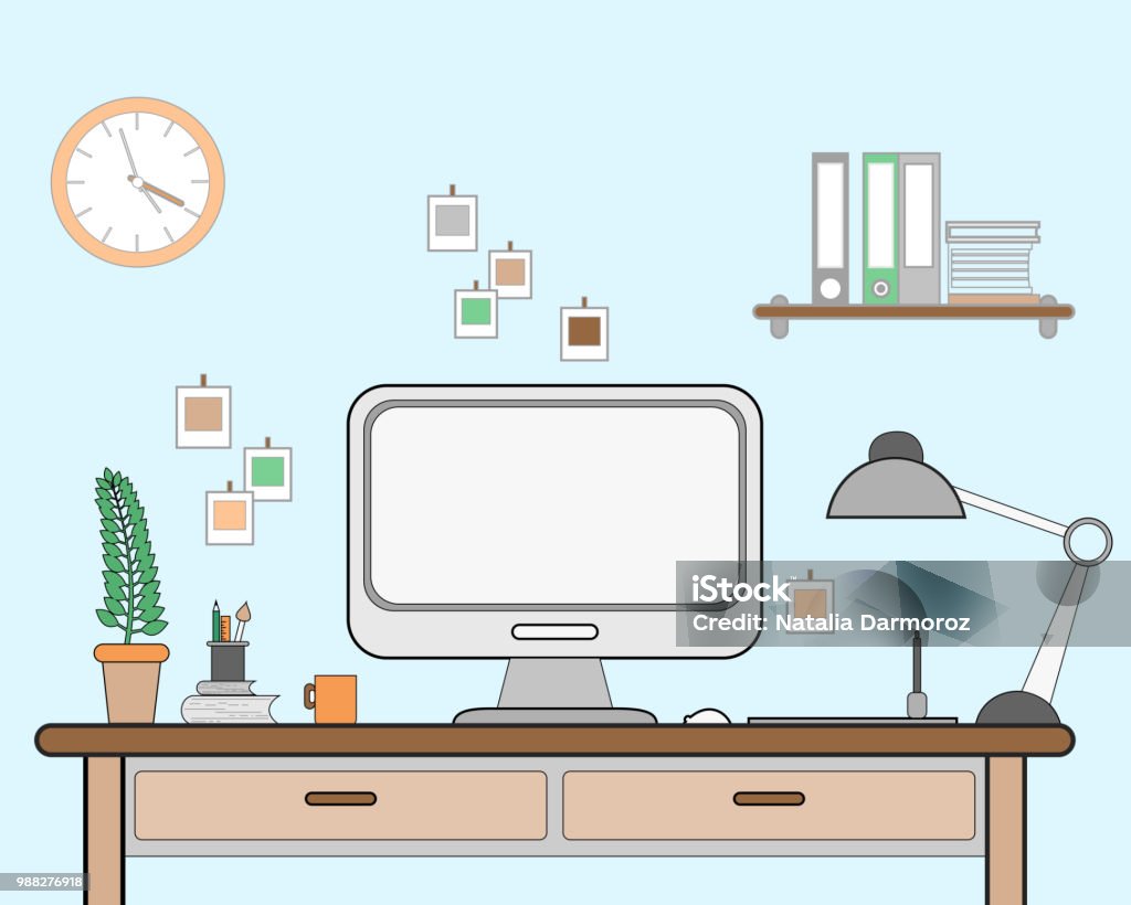 Vector Illustration Workspace For Freelancer With Computer Lamp Shelf Books  And Cup Of Coffee On Blue Wall Background In Flat Style With Line Stock  Illustration - Download Image Now - iStock