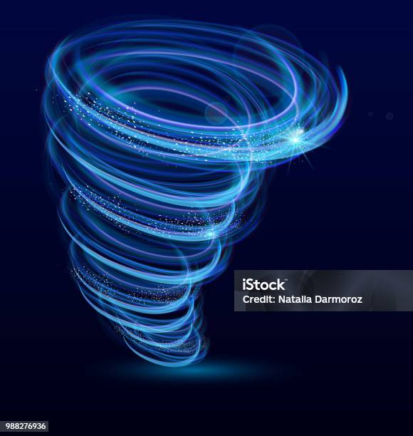 Vector Illustration Of Shining Illuminated Whirlwind Swirl Glowing Tornado Vector Effect Typhoon Whirlwind Light Hurricane On Dark Blue Background Stock Illustration - Download Image Now