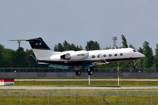 Boryspil International Airport / Ukraine - May, 25, 2018: private aircraft Gulfstream IV N818ME