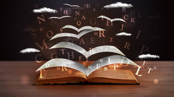 Pages and glowing letters flying out of a book